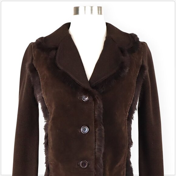 Cynthia Steffe Dark Brown Suede Leather Panel Knit Cardigan Rabbit Fur Jacket XS - Picture 3 of 6